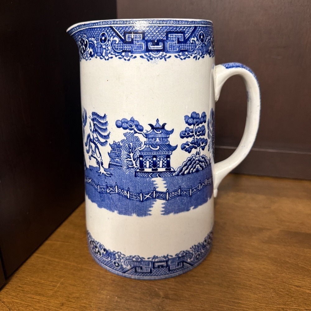 Blue Willow Pitcher Vase City of Birmingham Ironstone Vintage 8"